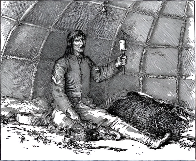 Sjamaan van de Ojibwa-indianen in een traditionele hut